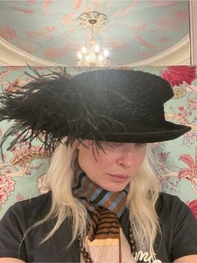 Philip Treacy Black Faux Persian Lamb and Felt, Ostrich Trimmed Hat